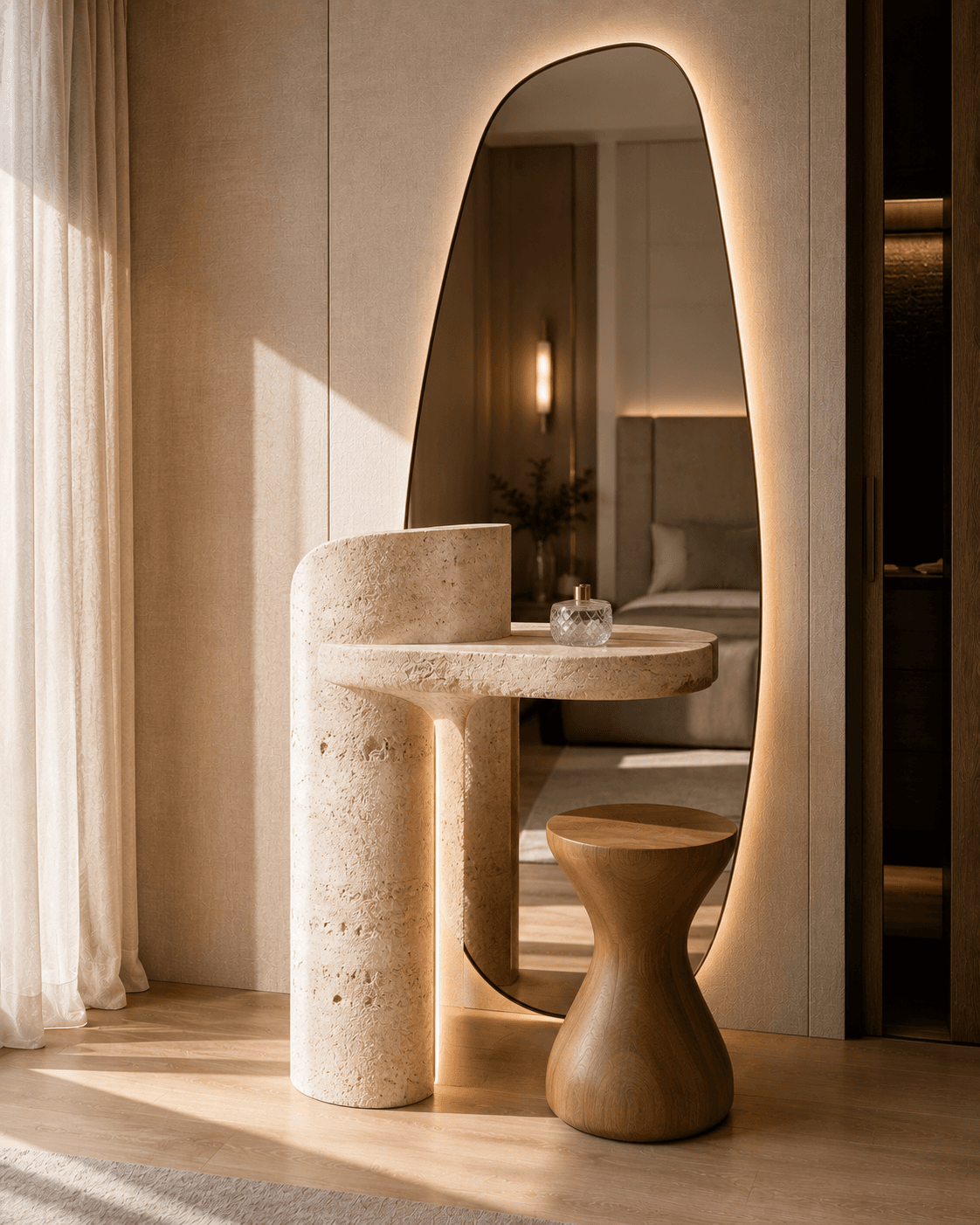 A Sculptural Travertine Pedestal Vanity with a Full-Length Glow