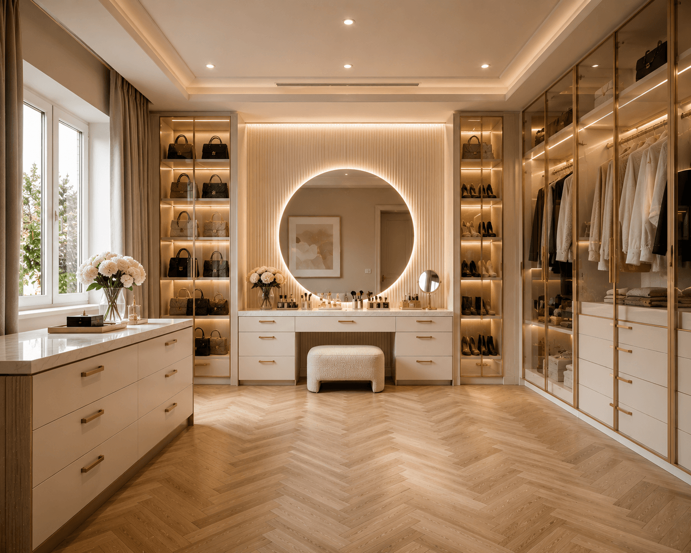 A Cream Walk-In Closet Vanity with a Halo-Lit Mirror