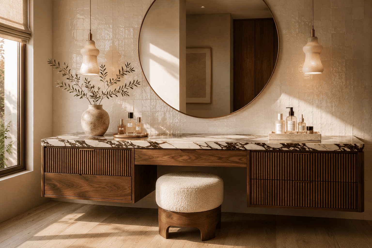 A Walnut Vanity with Viola Marble and a Zellige Wall